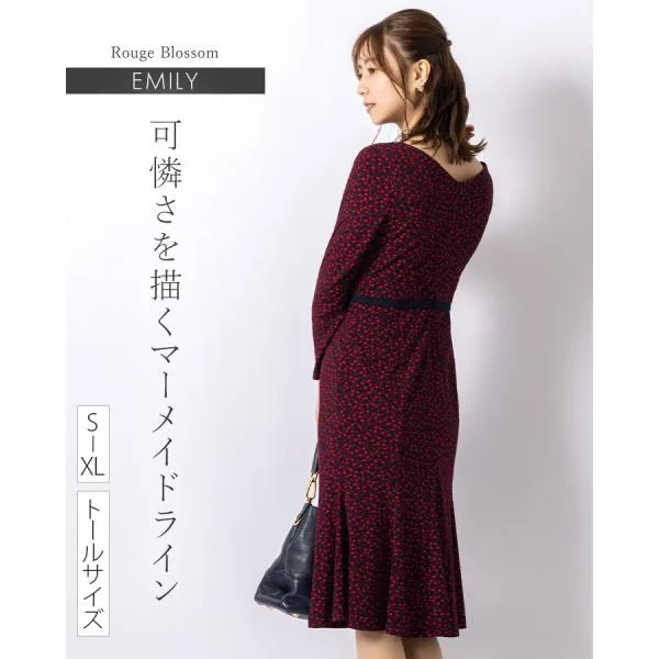 ワンピース エミリー ルージュブロッサム opd6e-050002 きれいめ 30代 40代 50代 着やせ 上品 大きいサイズ トールサイズあり 膝丈 ひざ丈 九分袖 長袖 春 秋 冬