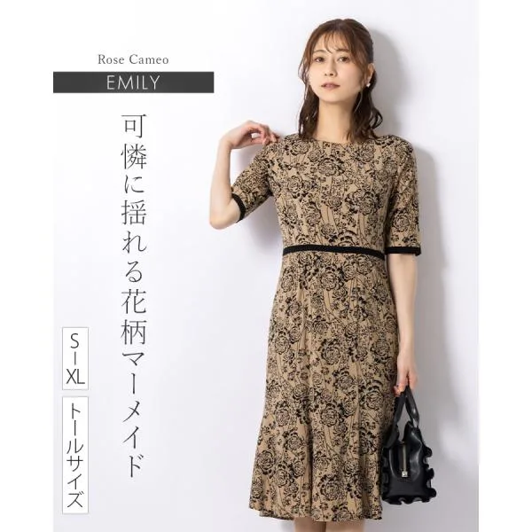 ワンピース エミリー ローズカメオ opd8b-070015 きれいめ 30代 40代 50代 着やせ 上品 大きいサイズ トールサイズあり 膝丈 ひざ丈 五分袖 半袖 夏 秋