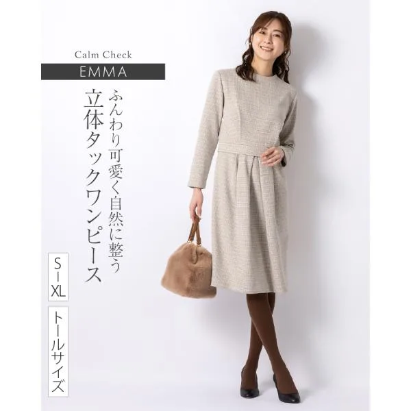 ワンピース エマ カームチェック oph1l-050001 きれいめ 30代 40代 50代 着やせ 上品 大きいサイズ トールサイズあり 膝丈 ひざ丈 長袖 九分袖 秋 冬
