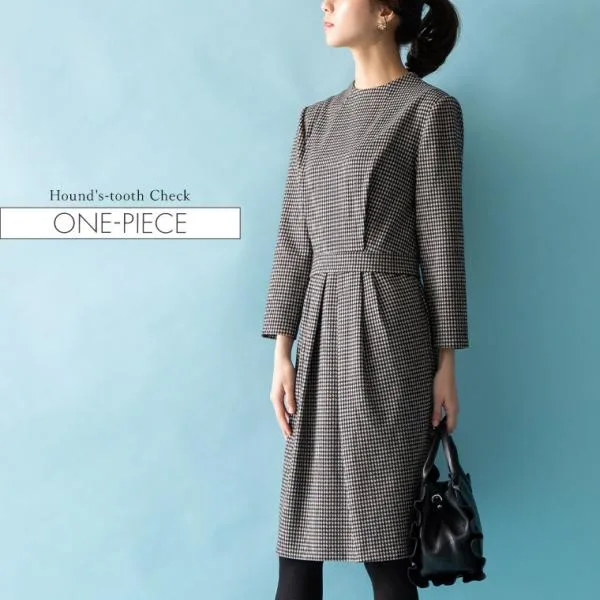 ワンピース レディース コクーン ハウンドトゥースチェック oph1w-050001 30代 40代 50代 60代 上品 幾何学 きれいめ 大きいサイズ 膝丈 七分袖 春秋冬