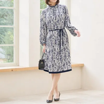 サックワンピース クラッシィボタニカル opj017-0001 きれいめ 30代 40代 50代 60代 着やせ 上品 大きいサイズ 膝丈 八分袖 春夏秋