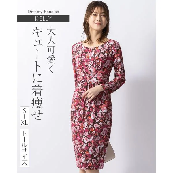 ワンピース ケリー Yライン ドリーミーブーケ opj6g-050002 きれいめ 30代 40代 50代 60代 着やせ 上品 大きいサイズ 膝丈 九分袖 春秋冬
