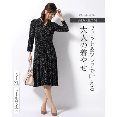 ワンピース マリリン ツイスト クラシカルドット opp6-050004 きれいめ 30代 40代 50代 60代 着やせ 上品 大きいサイズ 膝丈 七分袖 春秋