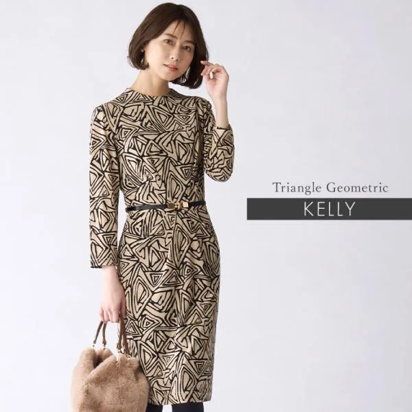 One Piece Women's Kelly X-line Stand Neck opr13-050005 Beautiful 30's 40's 50's 60's Thin, Elegant, Large Size, Knee Length, 3/4 Sleeve, Spring, Autumn, Winter