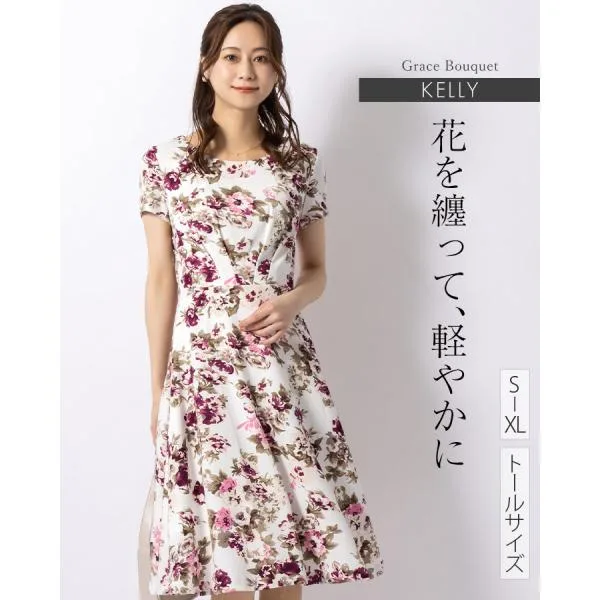 ワンピース ケリー フレア グレイスブーケ opr17b-070001 きれいめ 30代 40代 50代 着やせ 上品 大きいサイズ トールサイズあり 半袖 膝丈 ひざ丈 春 夏 秋