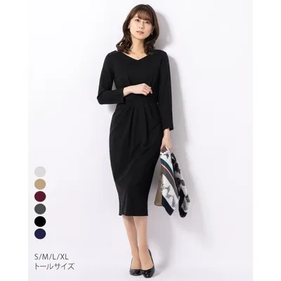 ワンピース レディース ケリー Xライン 無地 ミモレ丈 oprv1a-050001 きれいめ 40代 50代 60代 上品 Vネック 大きいサイズ 七分袖 春秋冬