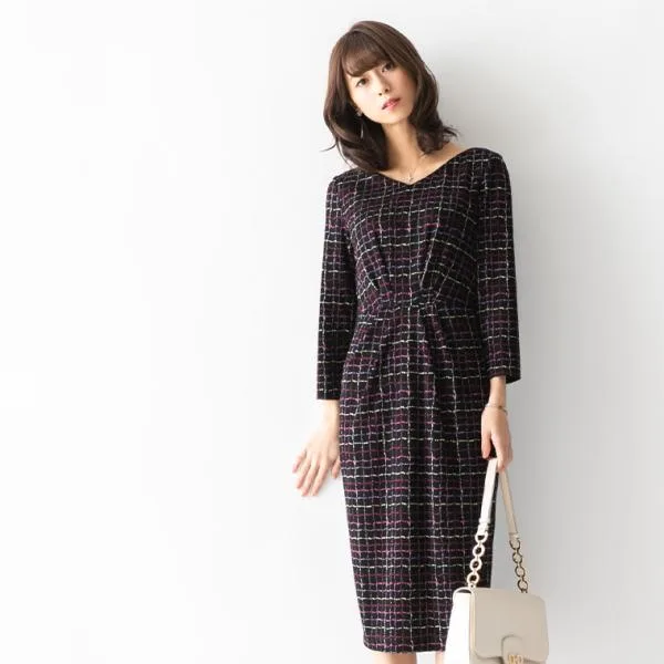 ワンピース レディース ケリーXライン ウエハースチェック oprv1c-050001 きれいめ 30代 40代 50代 60代 上品 大きいサイズ ミモレ丈 七分袖 春夏秋冬