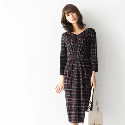 ワンピース レディース ケリーXライン ウエハースチェック oprv1c-050001 きれいめ 30代 40代 50代 60代 上品 大きいサイズ ミモレ丈 七分袖 春夏秋冬