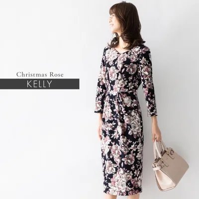 ワンピース レディース ケリー Xライン スフレシリーズ クリスマスローズ ネイビー oprv1c-050006 ジャージー 七分袖 大人 花柄 薔薇柄 バラ柄 上品