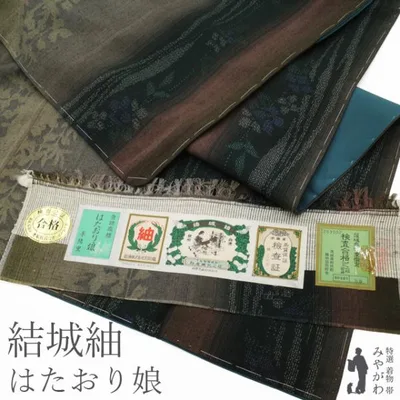 結城紬 着物 未使用 正絹 袷 奥順 はたおり娘 100亀甲 手織り 草花 縞 新古品 仕立て上がり 身丈163 裄丈67.5 Lサイズ みやがわ sb16721