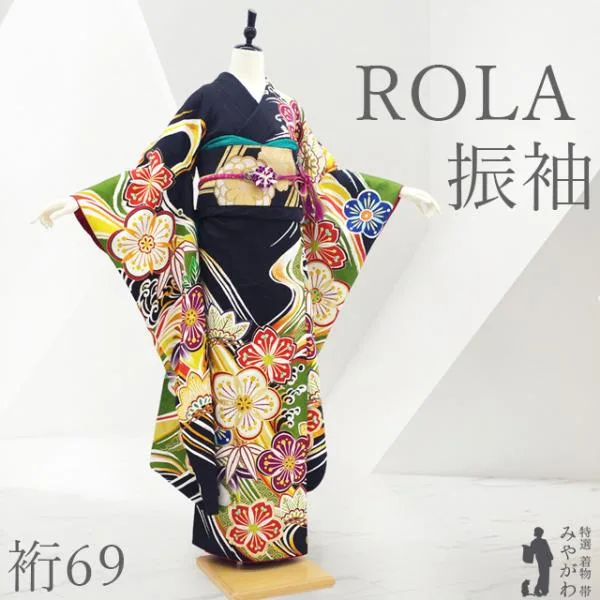 振袖 着物 正絹 成人式 フォーマル リサイクル ROLA ローラ 黒 濃黄緑 中古 仕立て上がり 身丈168 裄丈69 Lサイズ みやがわ sb18226