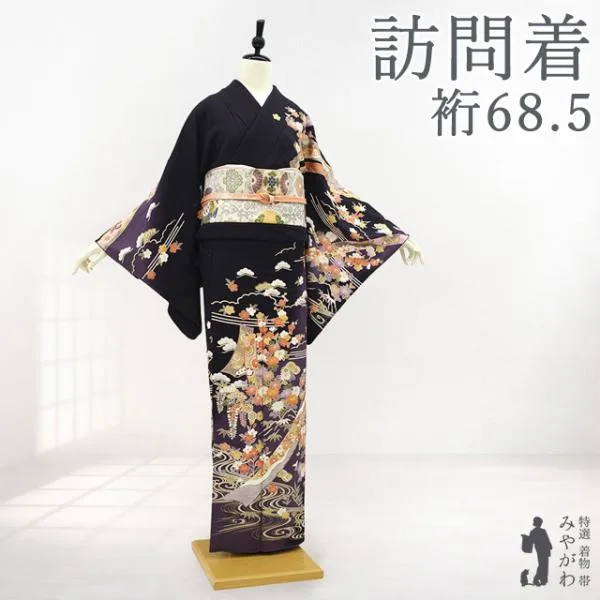 訪問着 着物 正絹 袷 フォーマル 金駒刺繍 濃紫 四季の花 リサイクル 中古 仕立て上がり 身丈164 裄丈68.5 Lサイズ みやがわ sb18243