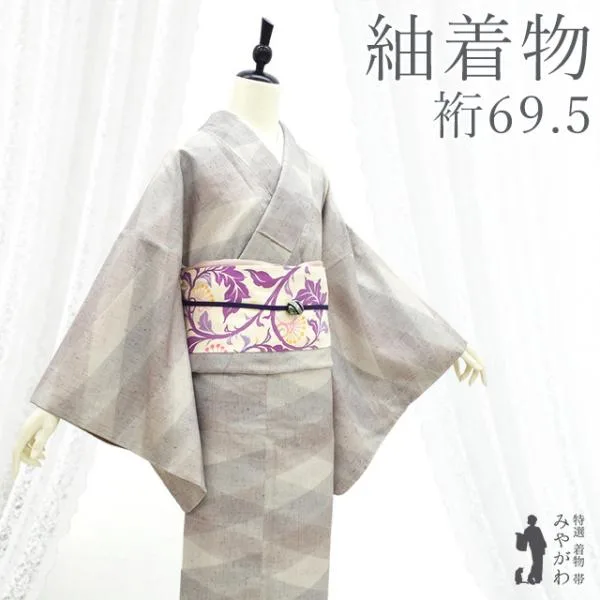 紬 着物 リサイクル 正絹 袷 染め柄 グレー系 変わり格子 中古 仕立て上がり 身丈167.5 裄丈69.5 ややふくよか Lサイズ みやがわ sb18468
