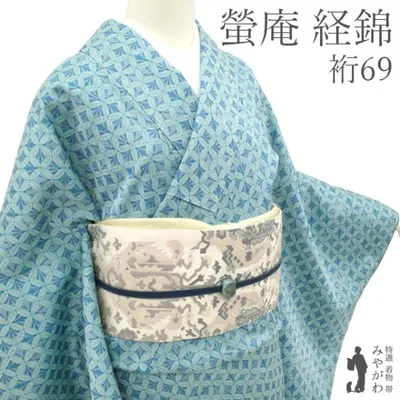 着物 正絹 袷 未使用 正絹 螢案 田村屋 経錦 水色 青 七宝 花 カジュアル 新古品 仕立て上がり 身丈166 裄丈69 Lサイズ みやがわ sb18488