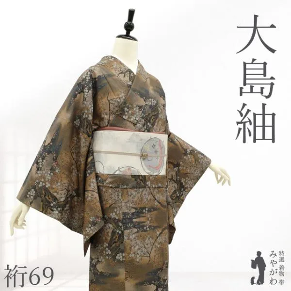 本場大島紬 着物 正絹 袷 9マルキ カタス式 泥染 こげ茶 草花 カジュアル 中古 仕立て上がり 身丈164 裄丈69 Lサイズ みやがわ sb18543