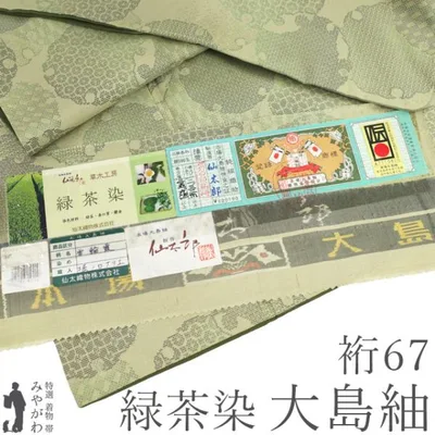 大島紬 着物 本場大島紬 正絹 リサイクル 緑茶染 草木工房 仙太郎 7マルキ 中古 仕立て上がり 身丈158 裄丈67 Mサイズ みやがわ sb18557