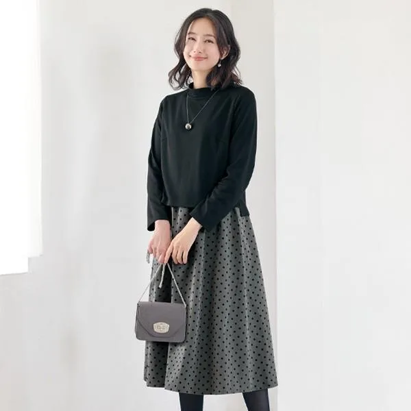 ワンピース きれいめ おしゃれ 春 ミセス シニア ファッション 40代 50代 60代 70代 水玉プリントドッキングワンピース