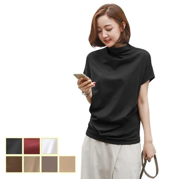 カットソー レディース 半袖 ハイネック Tシャツ ミディアム丈 薄手 おでかけ 上品 コーデ 夏 大人 黒 白