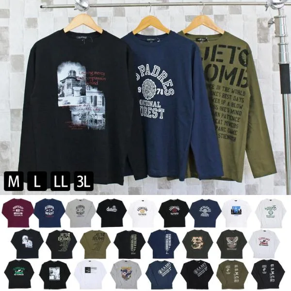 ロングTシャツ メンズ 長袖Tシャツ プリントTシャツ アメカジ ミリタリー フォト3L クルーネック 男女兼用 ユニセックス