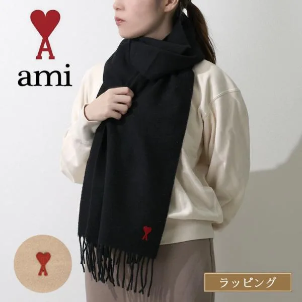 アミパリス AMI DE COEUR ウール フリンジ スカーフ マフラー USF405 メンズ レディース おしゃれ アミ 大判 ストール ハートロゴ 並行輸入品