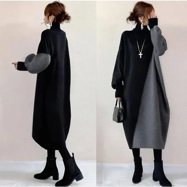 ワンピース バイカラー 秋服 レディース ニットワンピース 長袖 秋冬 ゆったり ブラックグレー 黒 ミモレ丈ワンピース 体型カバー 大人 こなれ感 きれいめ 通勤