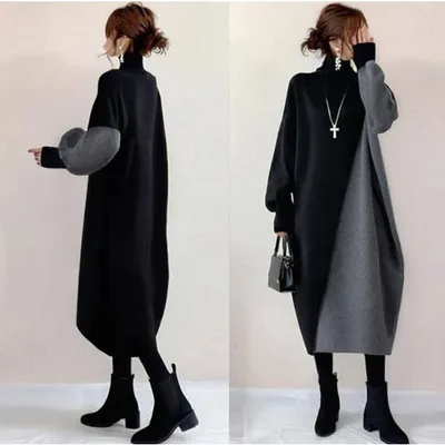 ワンピース バイカラー 秋服 レディース ニットワンピース 長袖 秋冬 ゆったり ブラックグレー 黒 ミモレ丈ワンピース 体型カバー 大人 こなれ感 きれいめ 通勤