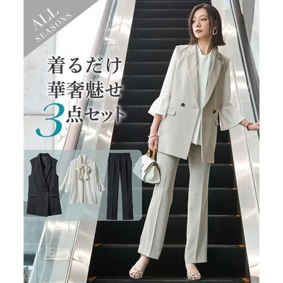 Suit Pants Women's Dobby Material Gilet Setup 3 Piece Set W Breasted Tailored Gilet + 3/4 Sleeve Blouse + Straight S/M/L Nissen