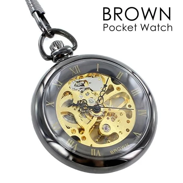 懐中時計 手巻き おしゃれ 透明 ポケットウォッチ BROWN チェーン付き ゴールド 誕生日 爆買 成人 卒業 入学