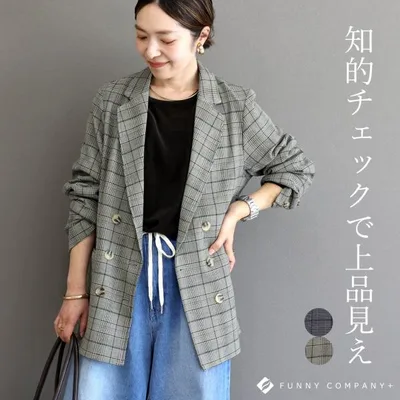 アウター ジャケット チェック テーラード ダブル 大人 体型カバー 30代 40代 50代 レディース 深V 先染め 先染めチェックテーラードジャケット メール便不可