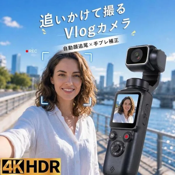 アクションカメラ 4K Vlogカメラ 7500万画素 330度回転 自動追尾 Wifi転送 ポケットカメラ 手ブレ補正 4K録画 動画撮影 初心者向け 1年保証 技適マーク取得済み