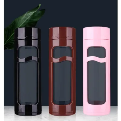 水筒 スポーツボトル 400ml ウォーターボトル 直飲み 耐熱ガラス 透明 茶こし付き 蓋付き タンブラー 二重構造 シンプル 断熱