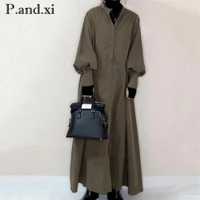 ワンピース シャツワンピース ロングワンピース ロング丈シャツ バルーンスリーブ 無地 ロング
