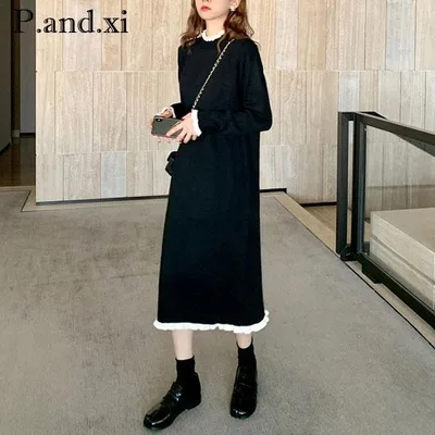 Knit knit dress mid-length dress flare black and white color scheme frills