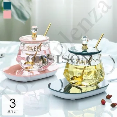 キッチン用品 食器 お茶用品 コップ マグカップ ティーカップ コーヒーカップ クリア 蓋つき ロゴ スプーン セットアイテム グリーン 可愛い