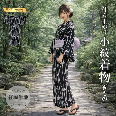 夏着物 洗える 単衣 小紋 紅梅生地 仕立て上がり 夏物 レディース 上品 透け感 涼やか 縞にあやめ ネイビー 紺 きもの 和装 ポリエステル