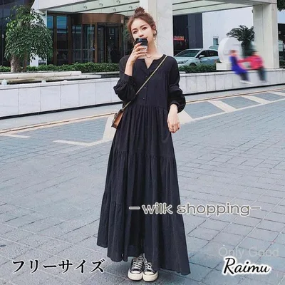 ワンピース レディース マキシ丈ワンピース 長袖 おしゃれ きれいめ 黒ワンピ vネック 揺れる 可愛い 上品 きれいめ ゆったり 着痩せ 春夏秋 冬 ティアード