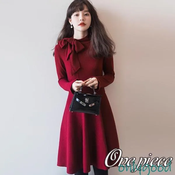 ワンピース 秋服 春 冬 春 ひざ丈 ニット セーター ドレス レッド レディース 長袖 カジュアル Aライン キレイめ おしゃれ 韓国 卒業式 服 母 着痩せ 通勤 OL