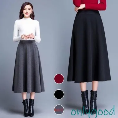 Long Skirt, Autumn Skirt, Black, Women's, A-line Skirt, Office, Elastic Waist, Calf Skirt, Thick, Winter Skirt, 30's, 40's, 50's, Commuting