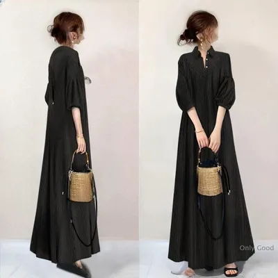 ロングワンピース 秋冬ワンピース ストライプワンピース 切り替え フェイク レイヤード風 レディース スタンドカラー 秋物 秋冬服 秋服 秋服春 30代40代50代