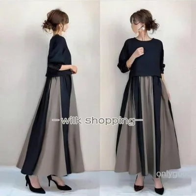 ワンピース 秋服 レディース きれいめ バイカラー 切り替え aラインワンピース フレアワンピース 長袖 丸首 秋冬 上品 大人エレガント可愛い お呼ばれワンピース