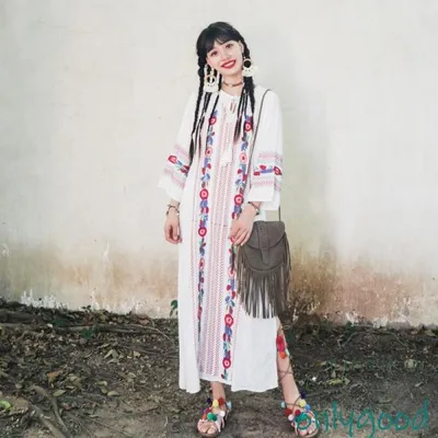 リゾートワンピース ワンピース レディース 七分袖 ロングワンピース 夏 エスニック 春秋服 刺繍 スリット 40代 30代 黒ワンピース 白ワンピース アジアン
