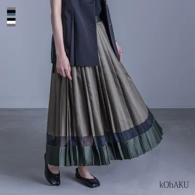 スカート レディース 春 夏 黒 S〜3L ロング マキシ プリーツ 配色 シアー 40代 50代 大きいサイズ 体型カバー オシャレウォーカー「メール便不可」「30」