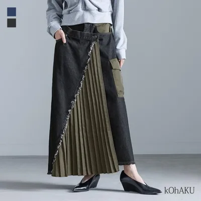 デニム スカート レディース 春 秋 冬 黒 S〜3L ロング アシメ 異素材 プリーツ 配色 綿混 30代 40代 大きいサイズ オシャレウォーカー「メール便不可」「30」