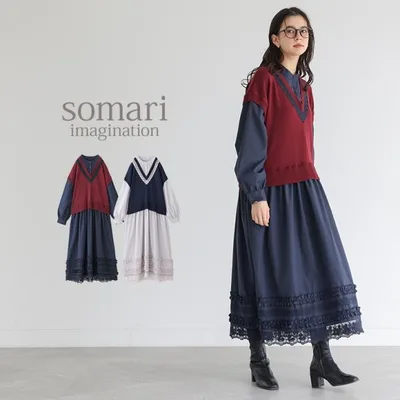 ワンピース レディース 秋 冬 ドレス S〜3L 長袖 ロング シャツワンピ レース フリル 30代 40代 大きいサイズ オシャレウォーカー「メール便不可」「40」