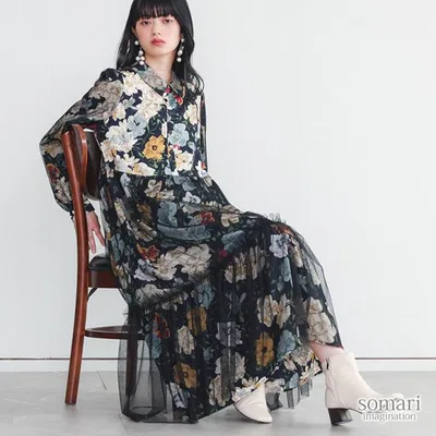 ワンピース レディース 秋 冬 ドレス 長袖 紺 S〜3L ロング丈 花柄 チュール シャツワンピ 30代 40代 大きいサイズ オシャレウォーカー「メール便不可」「30」