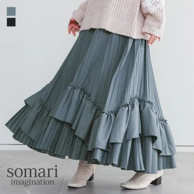 スカート レディース ロング 春 夏 プリーツ ティアード ウエストゴム 40代 50代 黒 フリーサイズ 秋 冬 体型カバー オシャレウォーカー「メール便不可」「40」