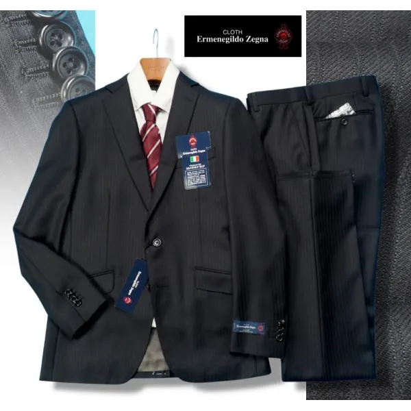 新品17.3万円 大手百貨店扱い 秋冬『Ermenegildo Zegna ゼニア ELECTA』艶感 ウール100% ストライプ スーツ YA8黒(A) 1009071