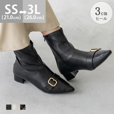 ショートブーツ 痛くない レディース 3cmヒール ストレッチ ポインテッドトゥ ゴールドバックル 送料無料 10/20 9:59マデ 2,299円