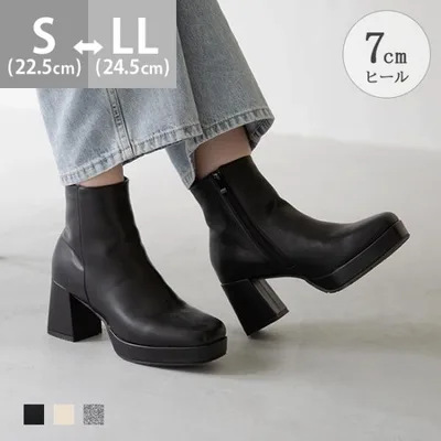 ショートブーツ レディース 痛くない 7cmヒール プラットフォーム 厚底ブーツ 歩きやすい スクエアトゥ 送料無料 10/20 9:59マデ 5,599円