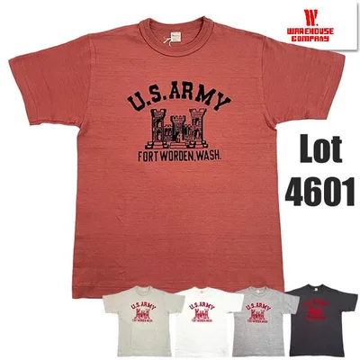 ウエアハウス WAREHOUSE Tシャツ Lot 4601 FORT WORDEN U.S. Army 半袖 フロッキー プリント 未洗い アメカジ メンズ
